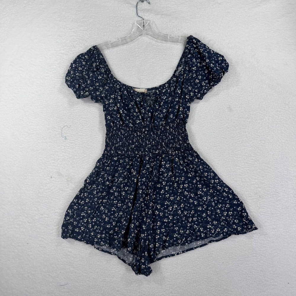 Altar'd State Floral Romper Women Medium Navy Blue Smocked Puff Sleeve Summer